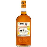 Mount Gay Bajan Spiced Rum 70cl bottle with amber liquid, white label, and tropical fruit illustrations.