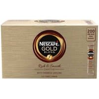 Nescafe Gold Blend box with 200 single-serve sachets, beige packaging, bold logo, and premium Arabica coffee text.