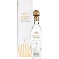 Clear glass bottle of Patron El Cielo Tequila 70cl with gold accents, ornate stopper, and matching white box.