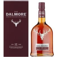 Dalmore 12 Year Whisky 70cl bottle with stag emblem, amber liquid, and matching maroon box with silver branding.