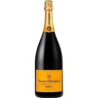 Veuve Clicquot Ponsardin Yellow Label Brut Champagne 1.5 L Magnum, gold foil neck, orange label with black text.