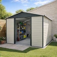 Anthracite finish metal shed with shiplap design, double sliding doors, and gable roof, measuring 10' x 12'.