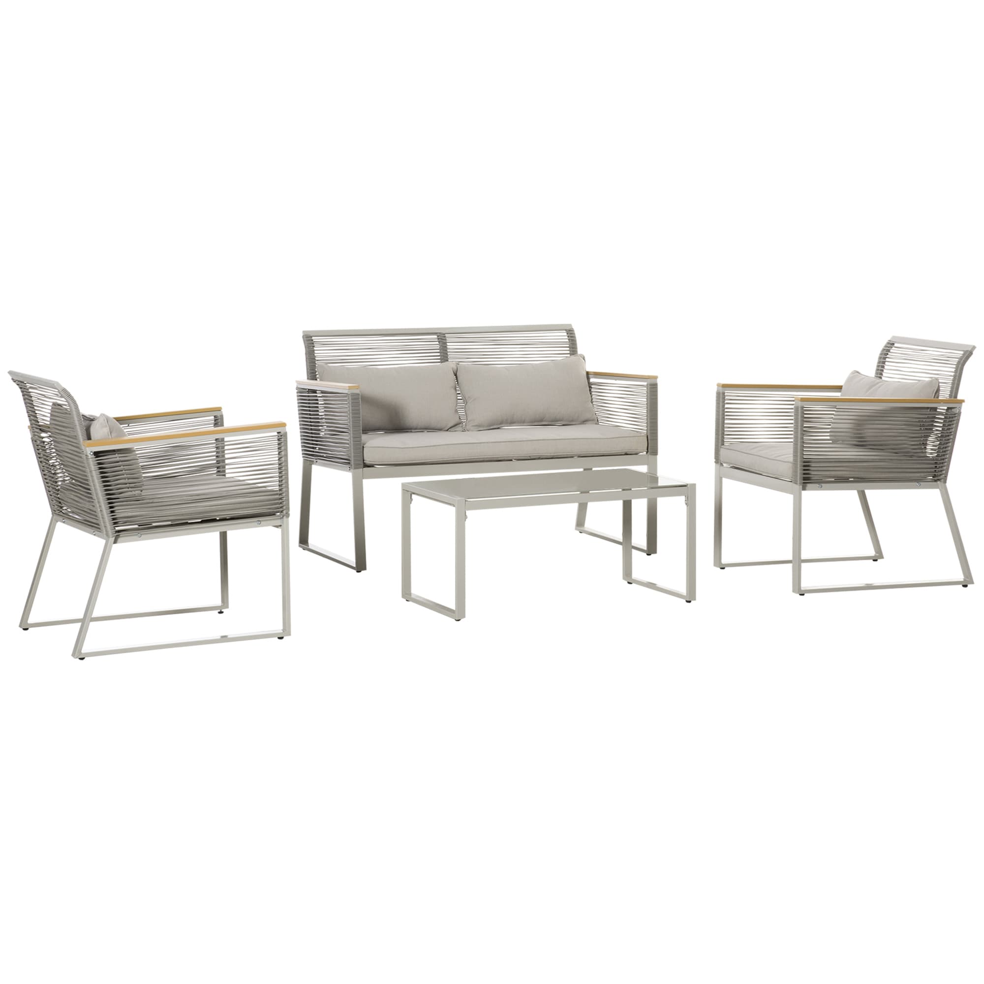 Grey 4-seater patio wicker sofa set featuring a metal frame, round PE rattan wrapping, plush cushions, and a tempered glass coffee table, ideal for outdoor use.