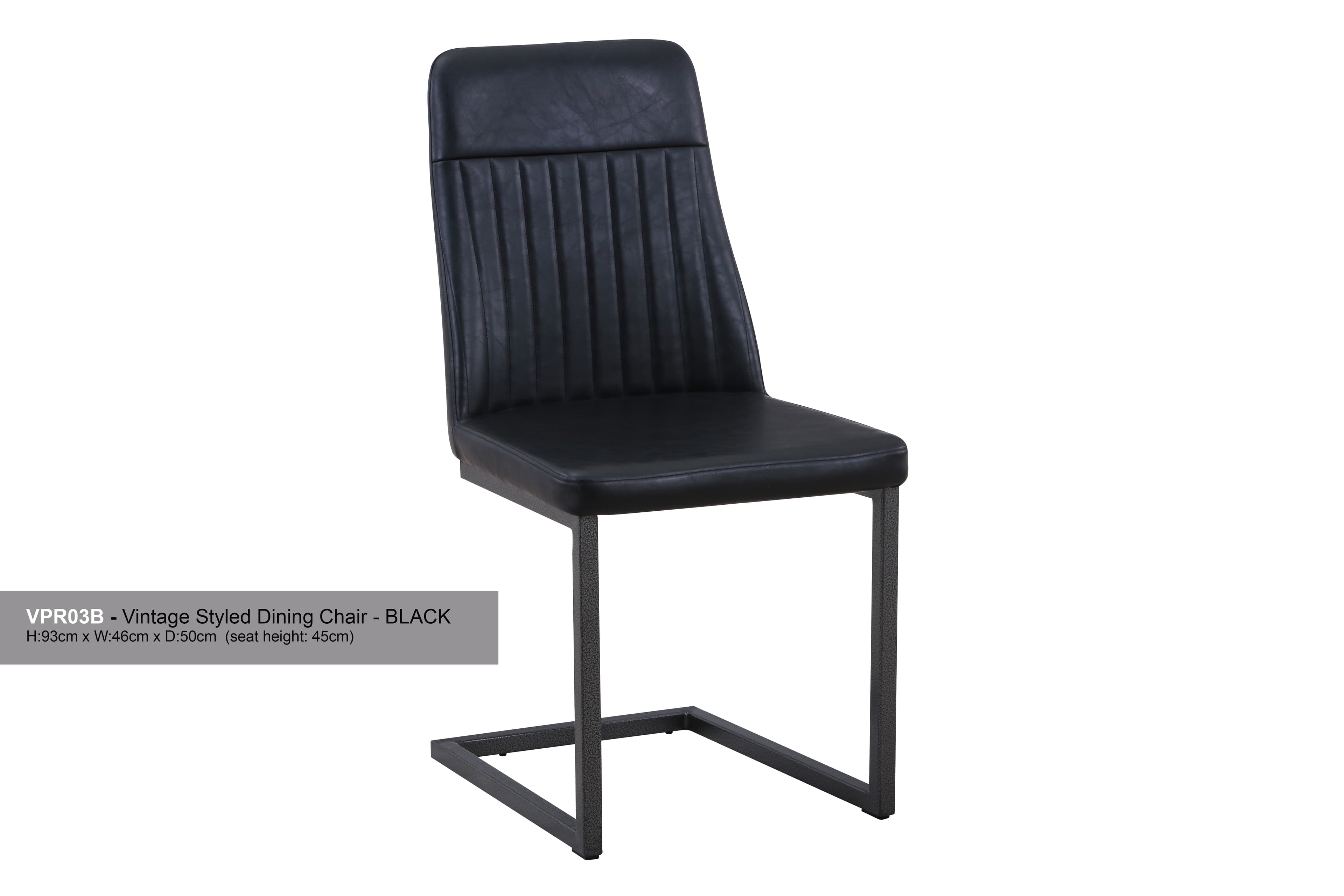 Vintage black leather dining chair with vertical stitching, sleek design, and a sturdy metal frame, sold as a pack of two.