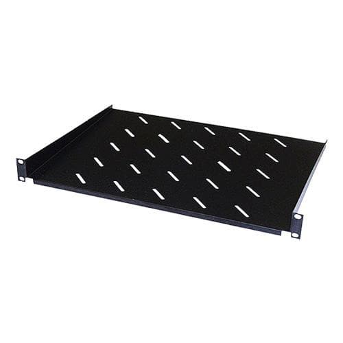 Black 1U cantilever vented shelf made of metal, featuring a slotted design for airflow, suitable for 600mm cabinets, with a weight capacity of 20kg.