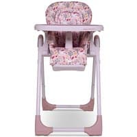 Pink Cosatto Noodle 0+ highchair with unicorn garden pattern, padded seat, adjustable tray, and sturdy legs.