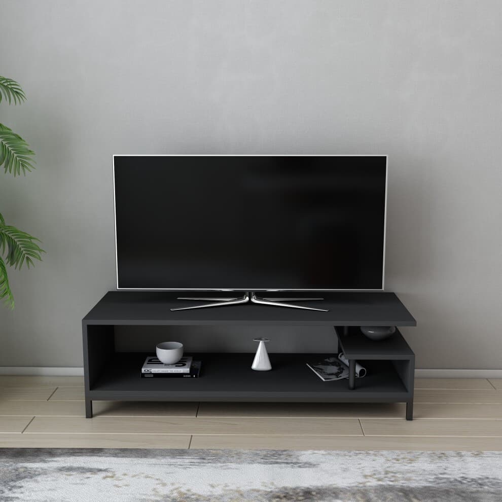 Black and anthracite TV stand featuring open shelving, sleek metal legs, and a minimalist design, perfect for modern living spaces.