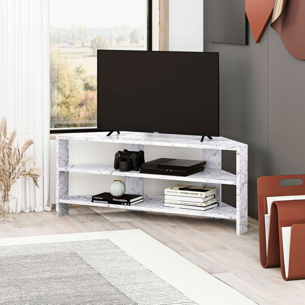 Decortie Thales White Marble Effect 2 Shelf Corner TV Unit - image 2