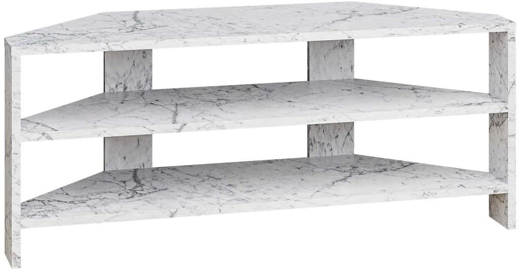 Corner TV unit in white marble effect particleboard, measuring 36x110x45 cm, featuring three open shelves for storage, designed for TVs up to 32 inches.