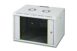White wall mounting cabinet with a glass front door, ventilation holes on top, and a unique green trim, measuring 600x450 mm (WxD).