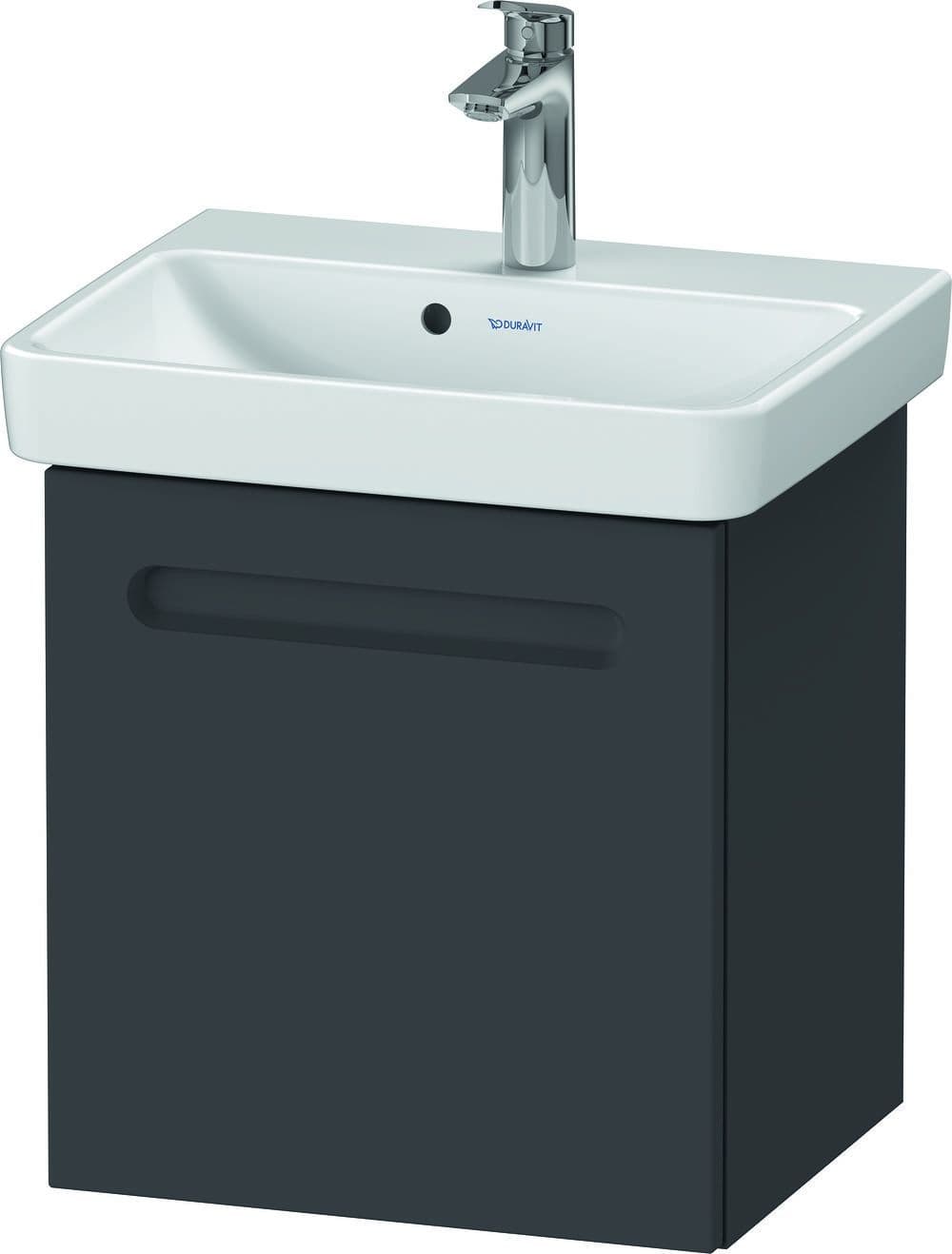 Matte graphite wall-mounted vanity cabinet with a sleek design, featuring a white ceramic sink and a modern chrome faucet, offering stylish bathroom storage.