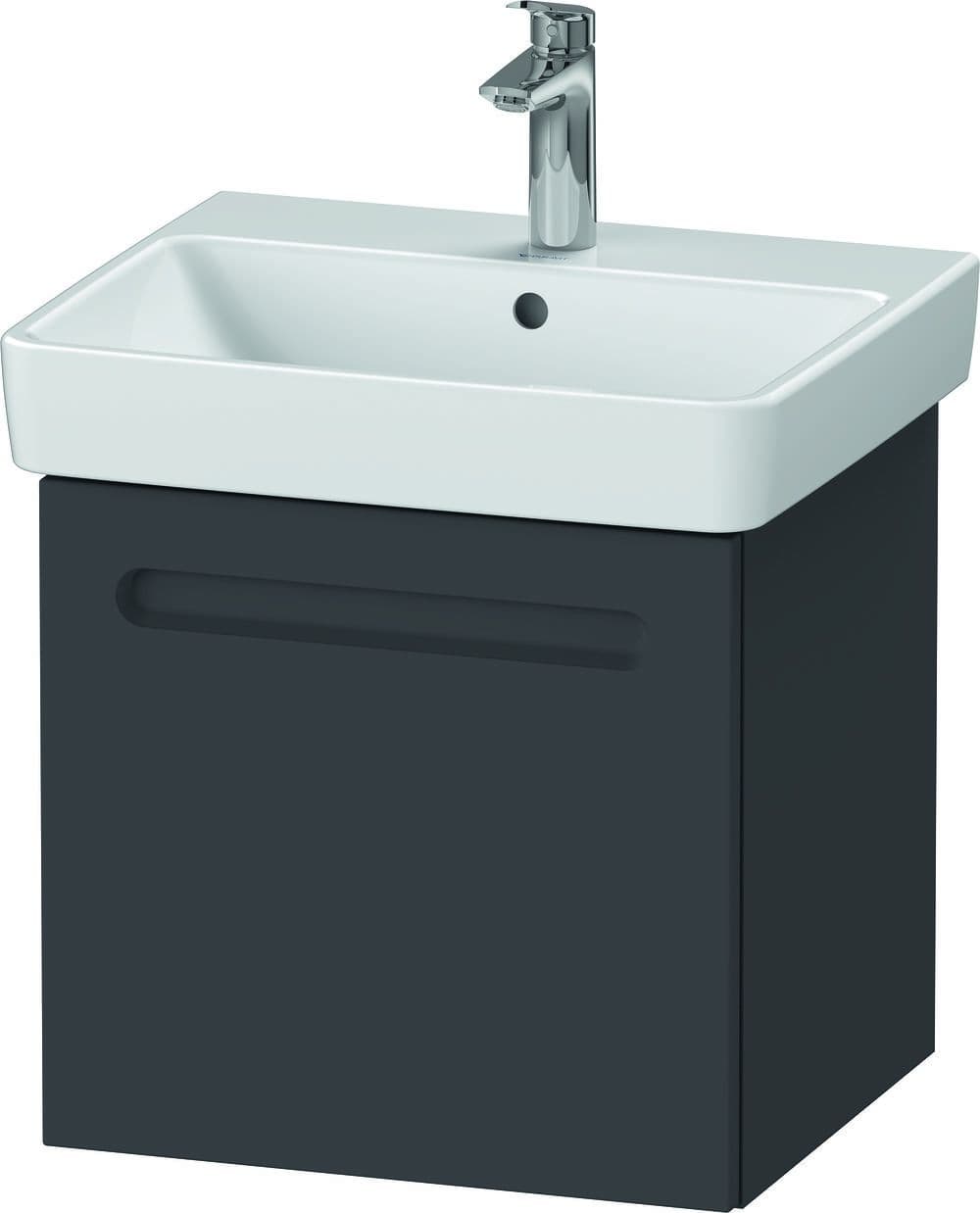 Wall-hung vanity unit in graphite matte finish with a single drawer, featuring a white ceramic sink and sleek chrome faucet, measuring 490mm in width.