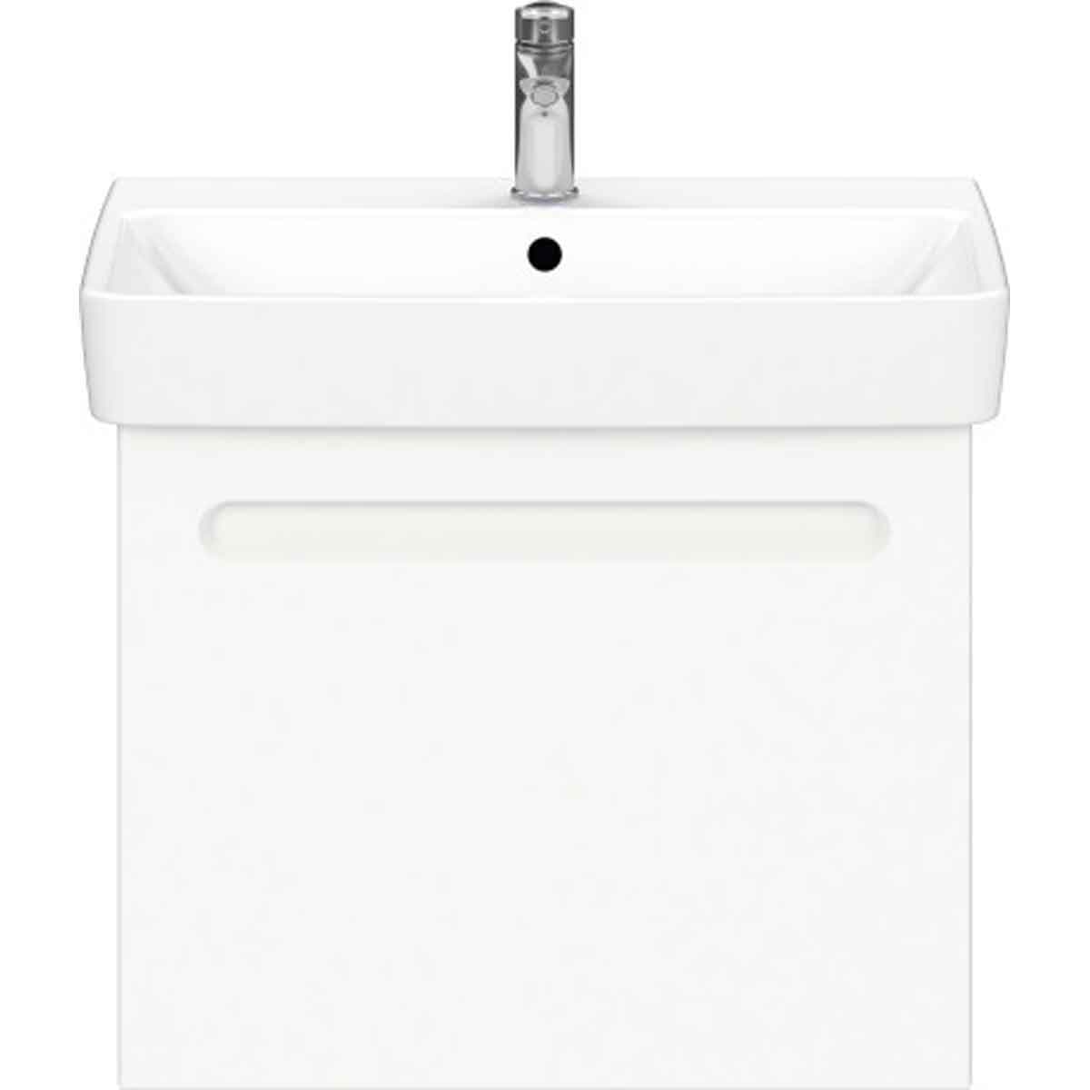 Wall-hung vanity unit in white matte finish featuring a sleek design, one drawer, and a rectangular sink with a single tap hole.