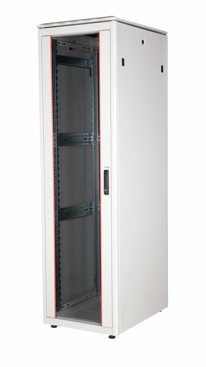 Dynamic Flex 19' cabinet in RAL7035 grey, 42U size, features a glass front door, adjustable shelves, and ventilation openings for optimal airflow.