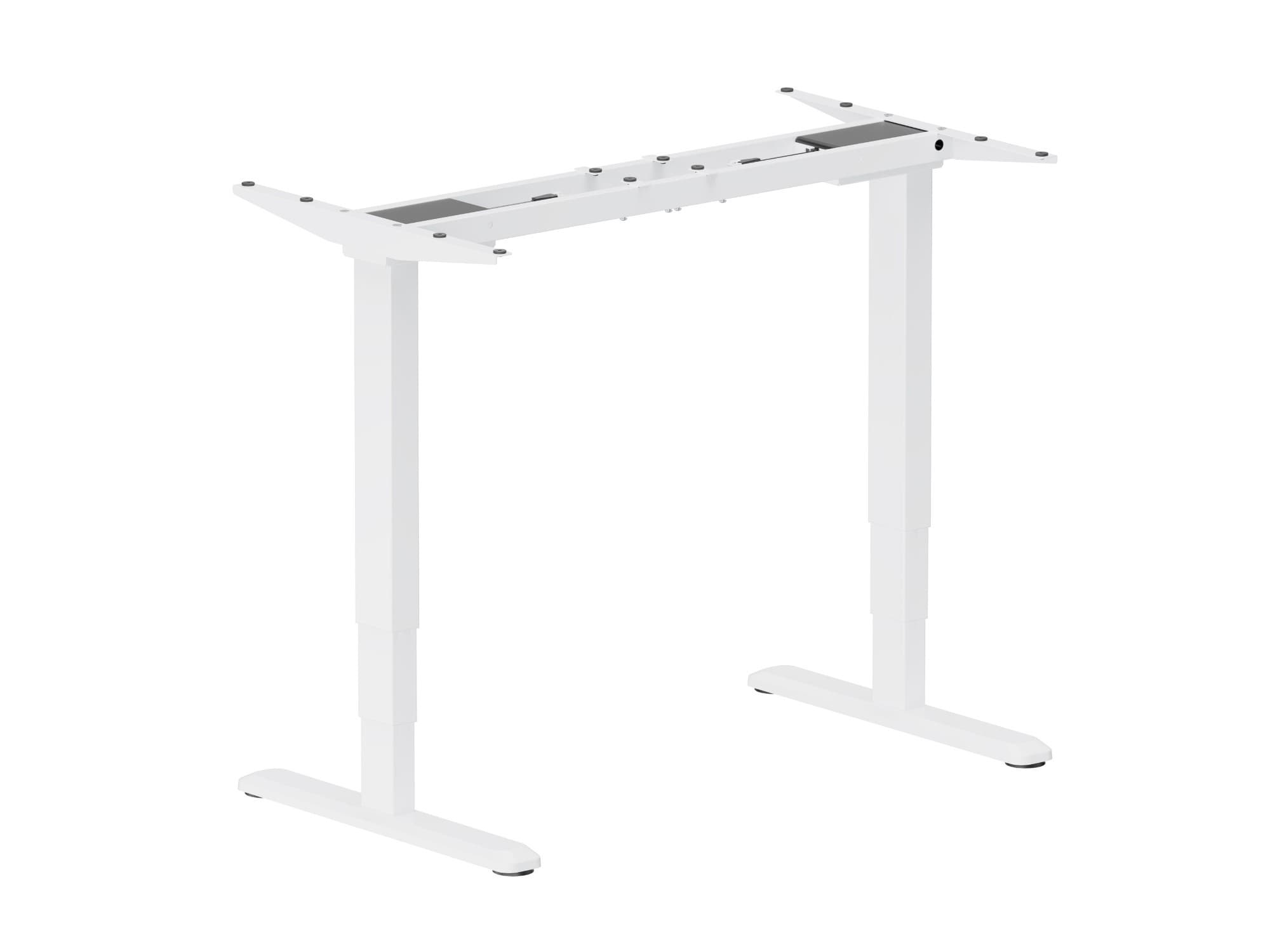 White electric sit-stand desk frame with adjustable height, made of sturdy metal, featuring a minimalist design and smooth edges for a modern workspace.