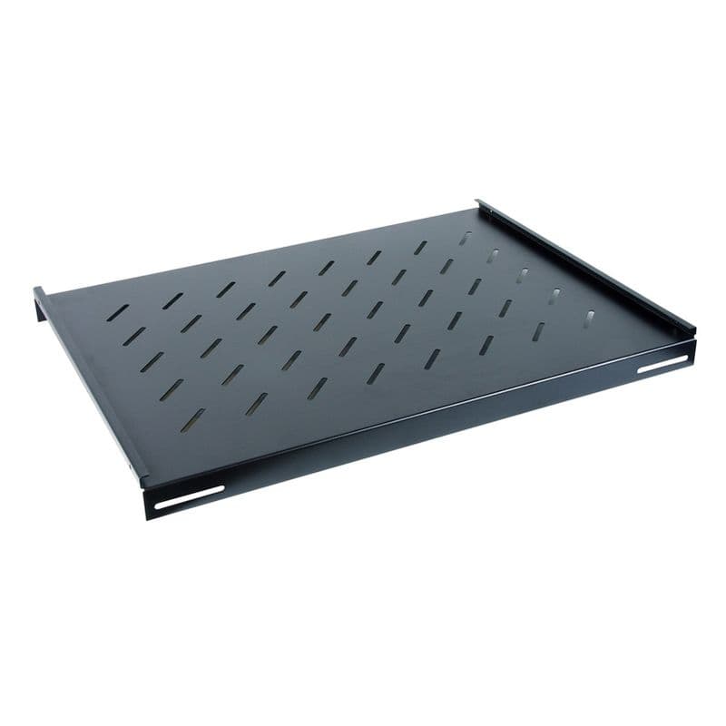 Black 19-inch fixed vented shelf made of durable metal, featuring a perforated design for airflow and support, with mounting brackets on each side for easy installation.