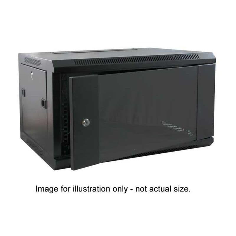 Black 6U wall mounting cabinet by FDL, 450mm deep, featuring a glass front door, ventilation slots, and a sturdy metal construction for secure equipment storage.