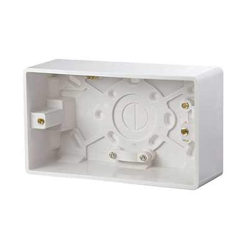 White plastic deep double pattress back box with multiple mounting points and electrical terminals, designed for secure installation of electrical fittings.