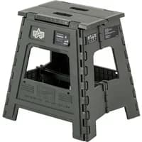 Gray folding stool by Alpha Industries with cutout handles and reinforced legs.