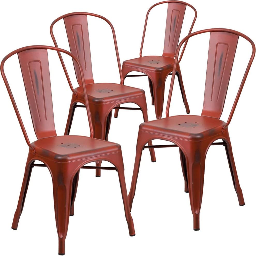 Set of four red chairs made from galvanized steel, featuring a classic design with curved backs and perforated seats, suitable for both indoor and outdoor use.