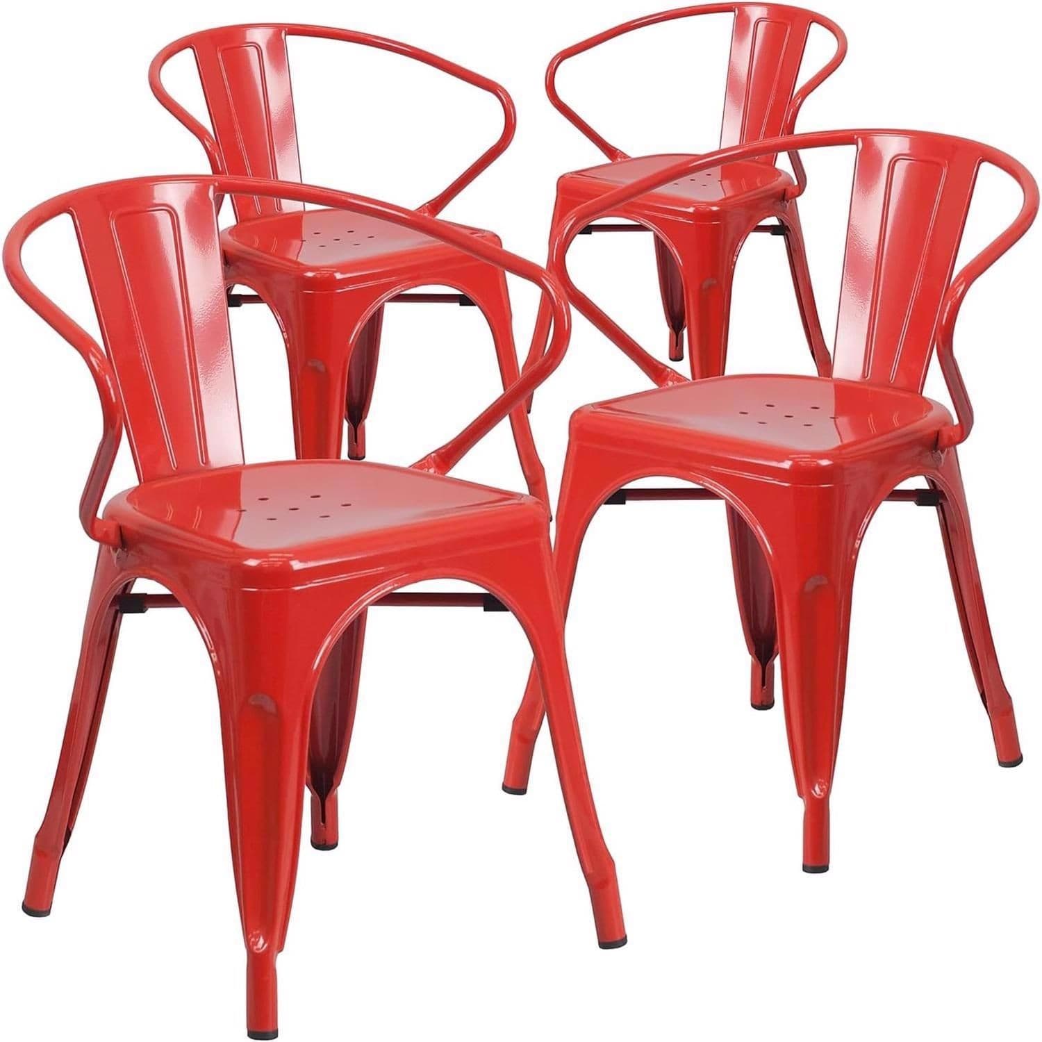Set of four red galvanised steel chairs featuring a sleek design, curved backs, and sturdy legs, suitable for both indoor and outdoor use.