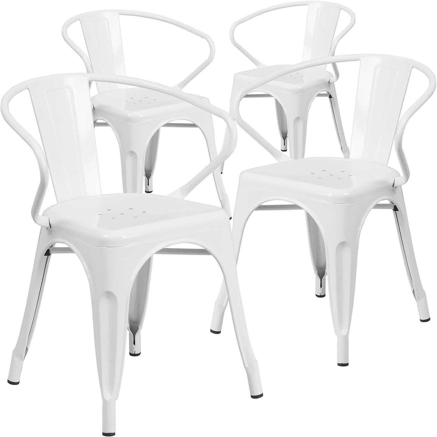 Set of four white galvanized steel chairs featuring a sleek design, curved backs, and sturdy legs, suitable for both indoor and outdoor use.