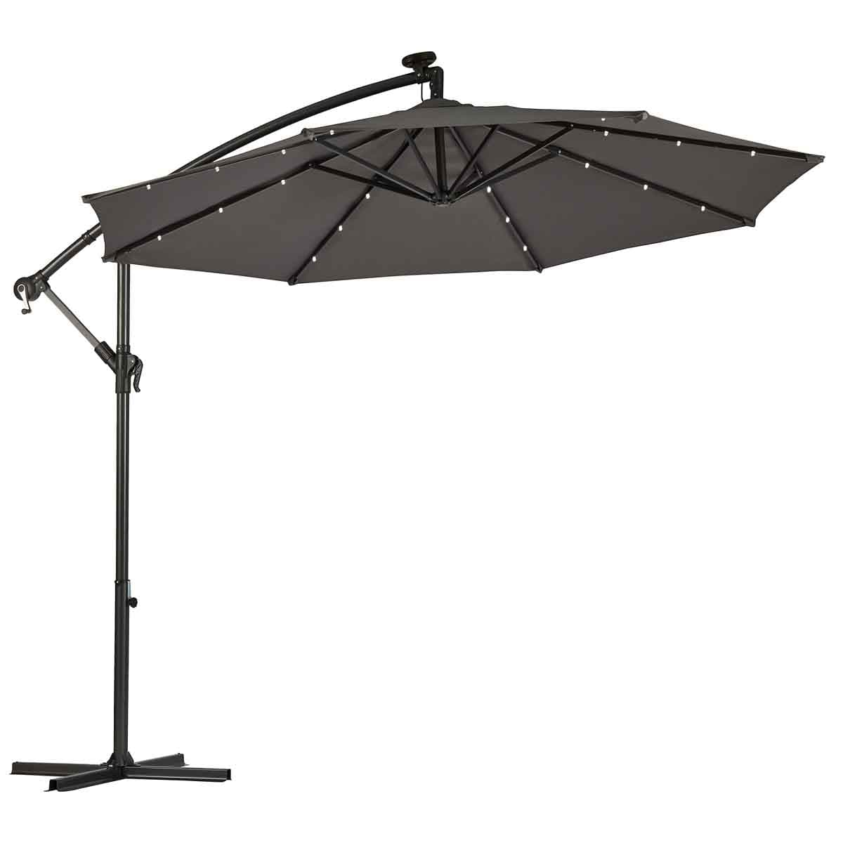 A 2.45m x 2.7m black solar LED cantilever parasol with a sturdy metal frame, featuring an adjustable arm and a protective cover.