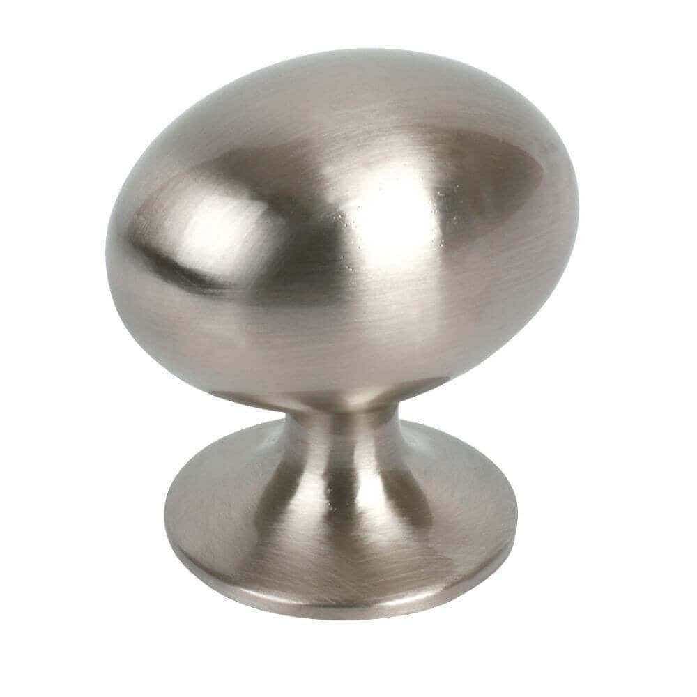 Satin nickel oval cabinet/drawer knob with a smooth, reflective surface and a sturdy base, sold in a pack of six by Hiatt Hardware.