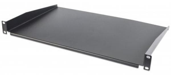 Black 19" cantilever shelf made of sturdy metal, 1U height, with a depth of 350mm, featuring a flat surface and angled edges for secure mounting.