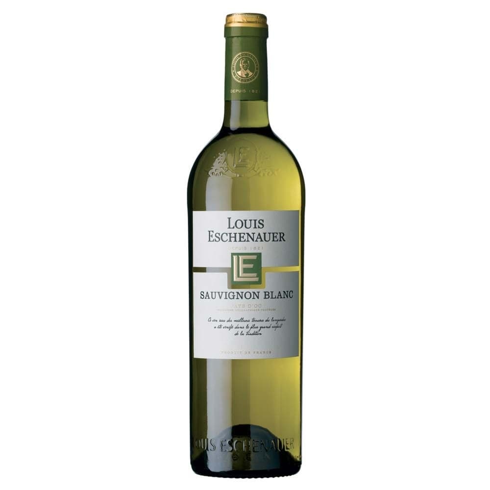 Clear glass bottle of Louis Eschenauer Sauvignon Blanc, featuring a green label with gold accents and a green cap, containing 75cl of white wine.