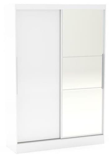 Birlea Lynx 2-door sliding wardrobe in white, featuring a sleek design with one mirrored panel and one solid white panel, perfect for modern bedroom decor.