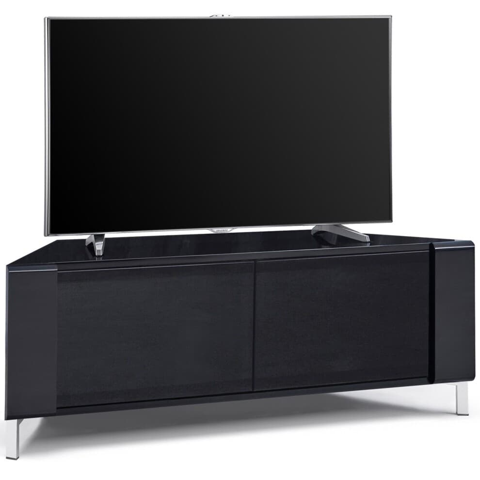 Sleek black TV cabinet with a glossy finish, featuring two sliding doors and a modern design, supported by chrome legs, ideal for contemporary living spaces.