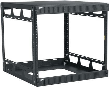 20-inch slim rack in black metal, featuring an open design with 8 rack units (RU) and perforated side panels for ventilation, suitable for audio and video equipment.