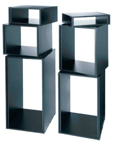 Black metal 10-space rack with an open design, measuring 17.5 inches tall and 18 inches deep, featuring sturdy construction and ventilation slots on the top.