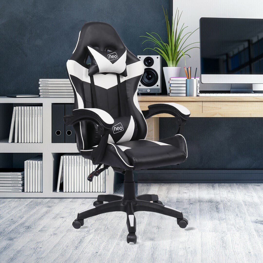Neo White Sport Racing Gaming Office Chair features a sleek black and white design, ergonomic shape, adjustable armrests, and a comfortable padded seat, set against a modern office backdrop.