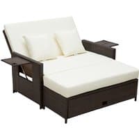 Brown rattan 2-seater sofa daybed with cream cushions, adjustable backrest, and side tables.