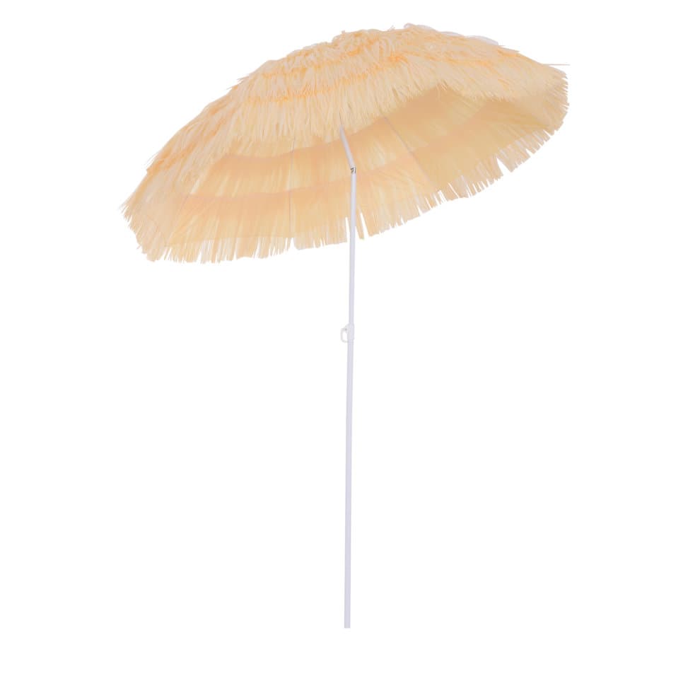 Wheat-colored Hawaiian-style sun umbrella with a fringed canopy, featuring a white pole and a tilting crank mechanism for adjustable shade.