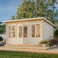 Beige wooden log cabin garden room with double doors, large windows, and flat roof, set on a wooden deck.