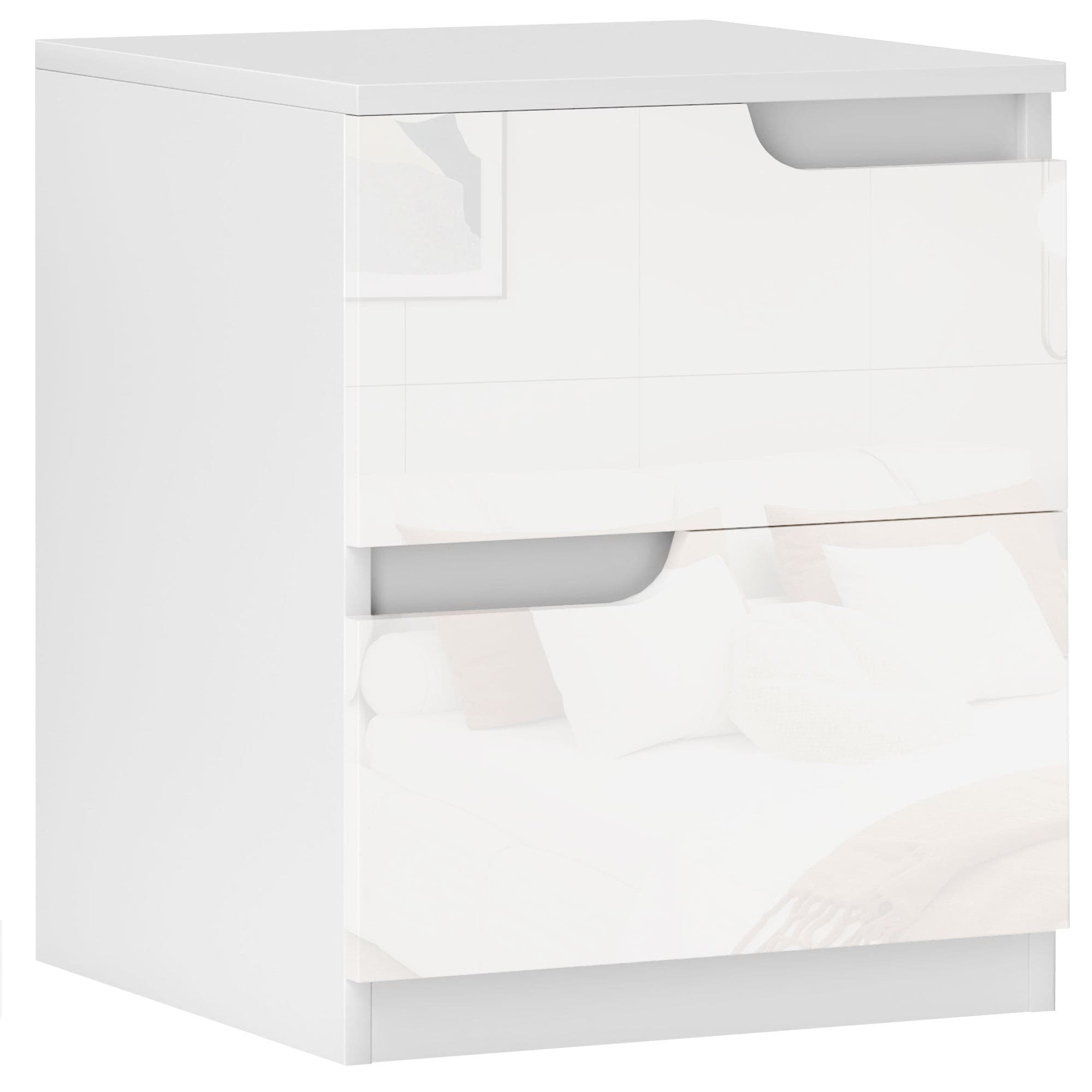 Modern white bedside table with two smooth, handle-less drawers, featuring a sleek design suitable for bedrooms and living rooms.