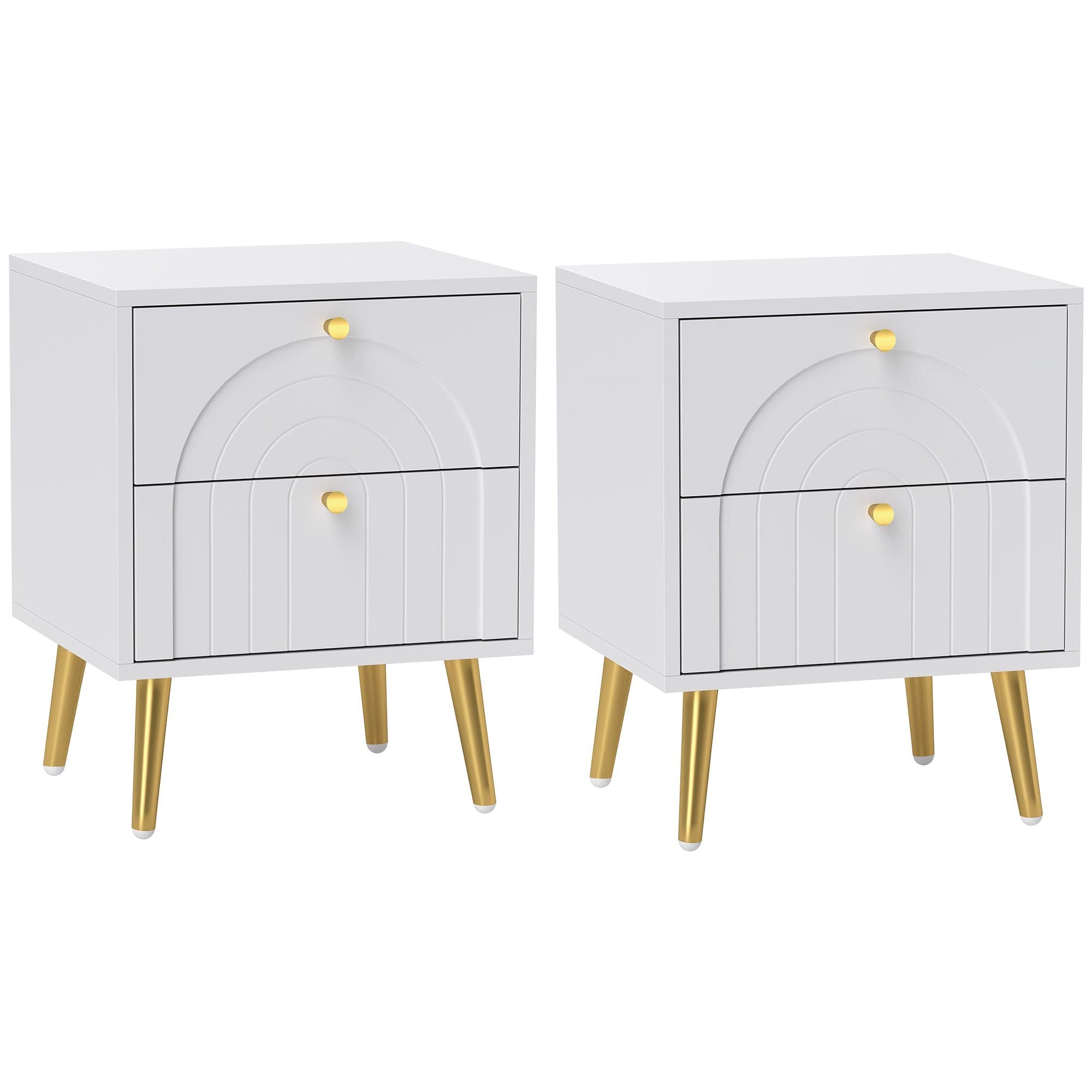 White 2-piece bedside tables set featuring two drawers with a curved design and gold knobs, supported by sleek gold legs, perfect for modern bedroom decor.