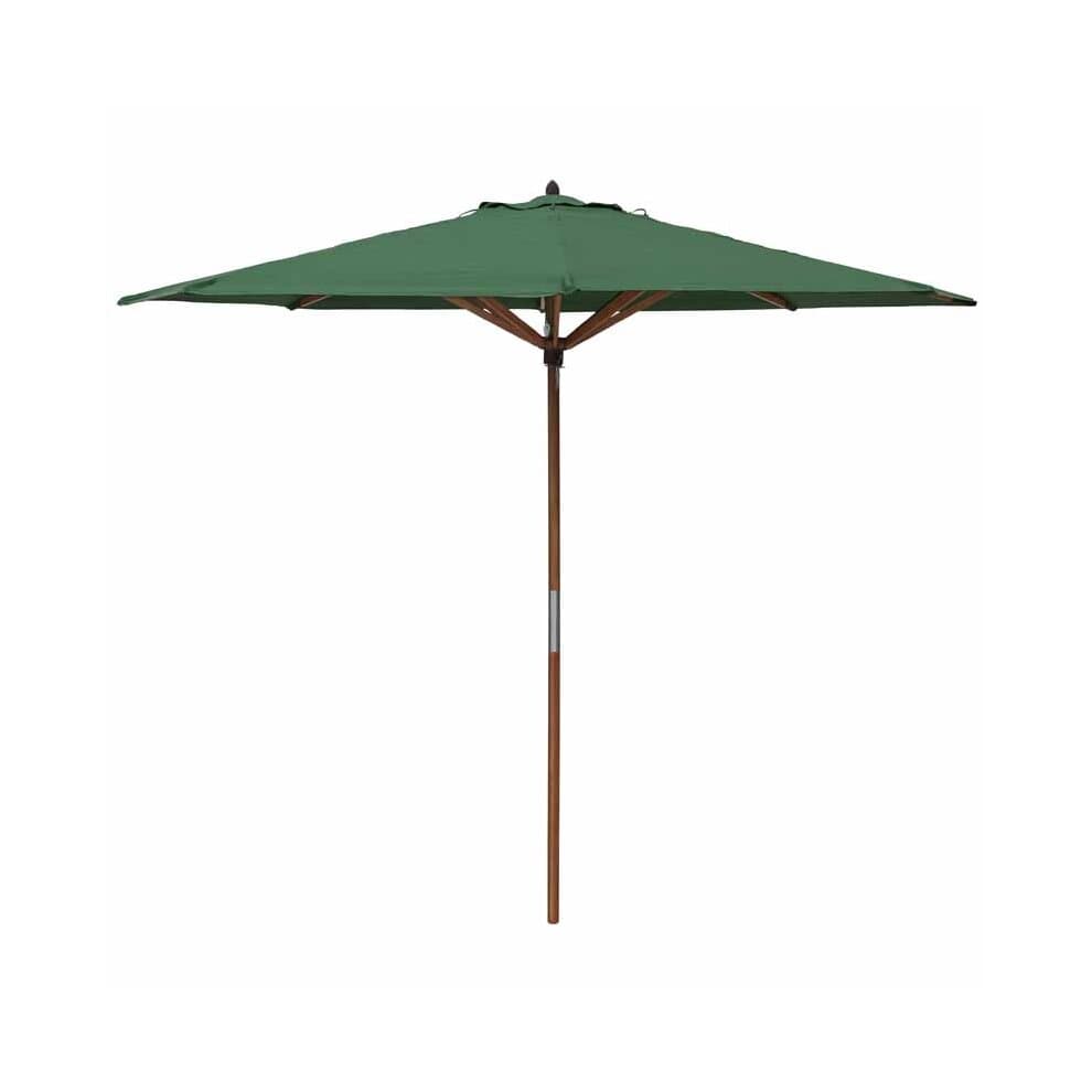 Green 2.7m wooden parasol with a sturdy brown wooden pole and a classic canopy design, perfect for outdoor shade.