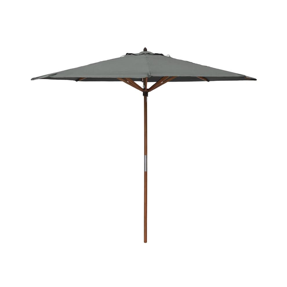 Grey 2.7m wooden parasol with a sturdy brown wooden frame and a classic canopy design, perfect for outdoor shade and relaxation.