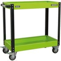 Green Sealey 2 Shelf Trolley with black frame, four swivel casters, and two handles.