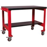 Red Sealey mobile metal workbench with two black shelves and caster wheels.