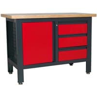 Sealey workstation with wooden top, three red drawers, and one red cupboard on black frame.