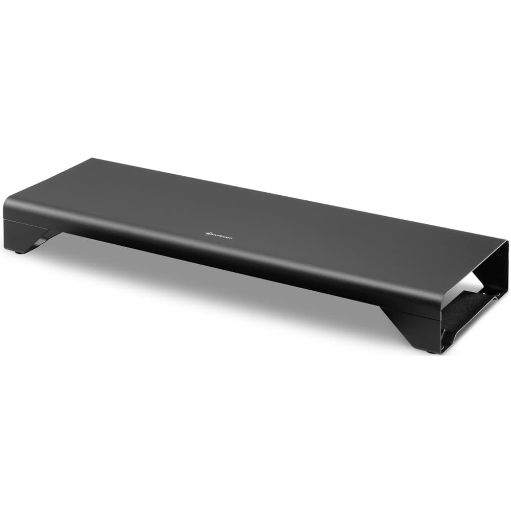 Sleek black metal desk stand with a minimalist design, featuring a flat surface and sturdy angled supports, ideal for elevating monitors or organizing workspace.