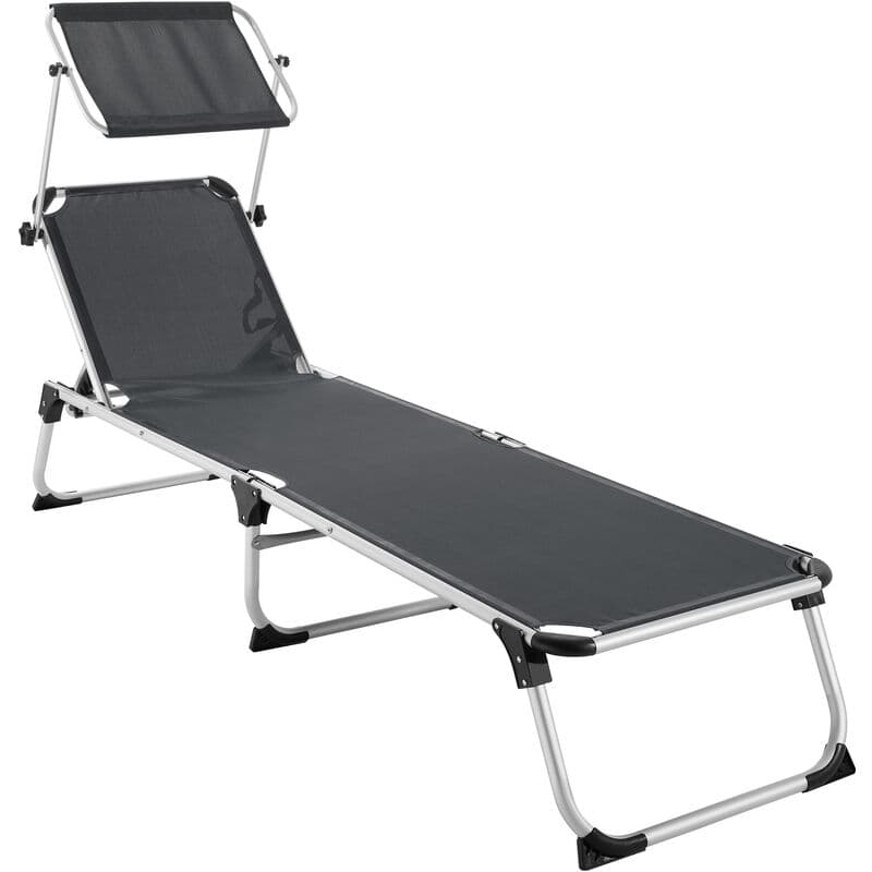 Grey sun lounger with a six-step adjustable aluminum frame, featuring a mesh fabric seat and a detachable headrest for comfort.