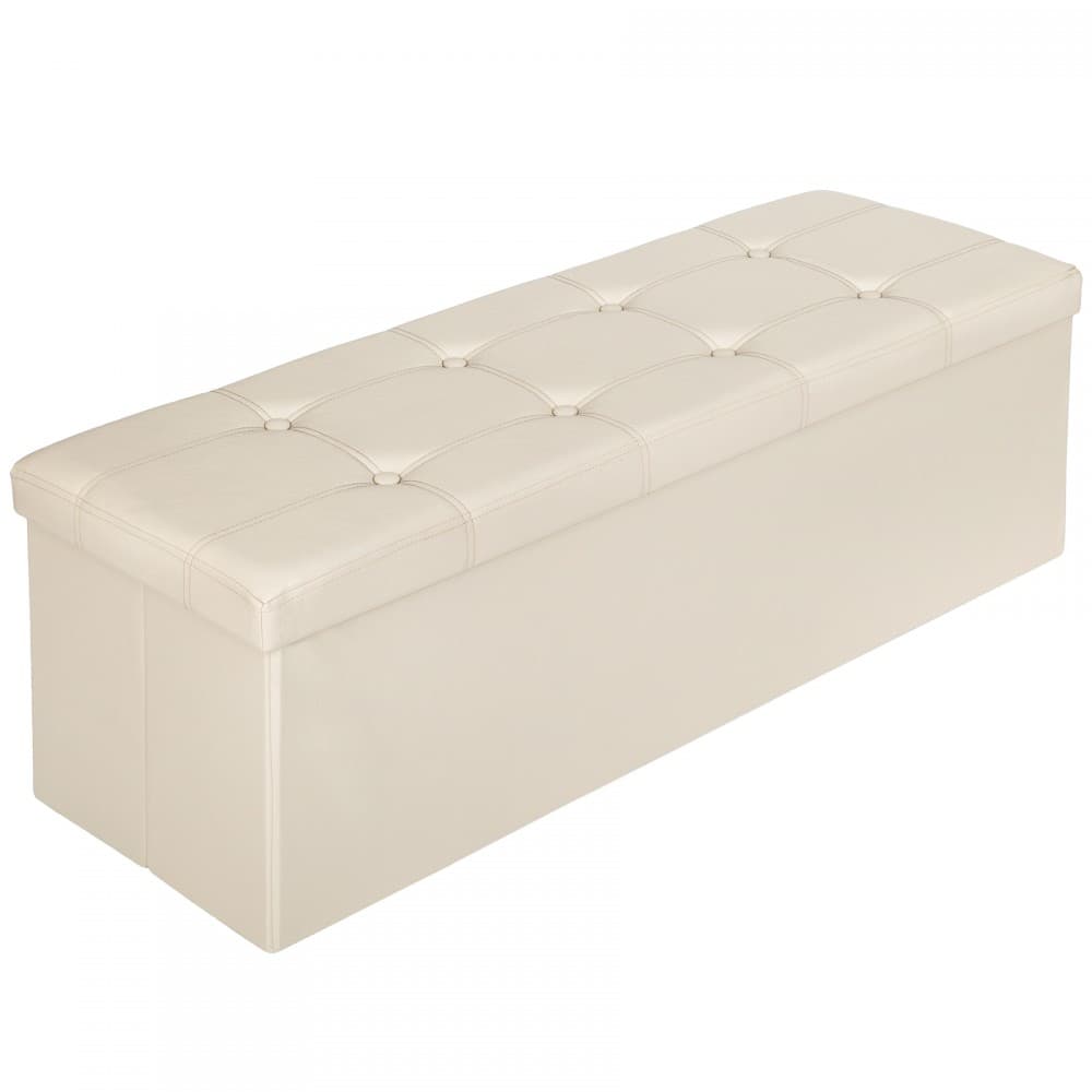 Cream foldable storage bench made of synthetic leather, measuring 110x38x38cm, featuring a tufted top and a sleek, minimalist design.