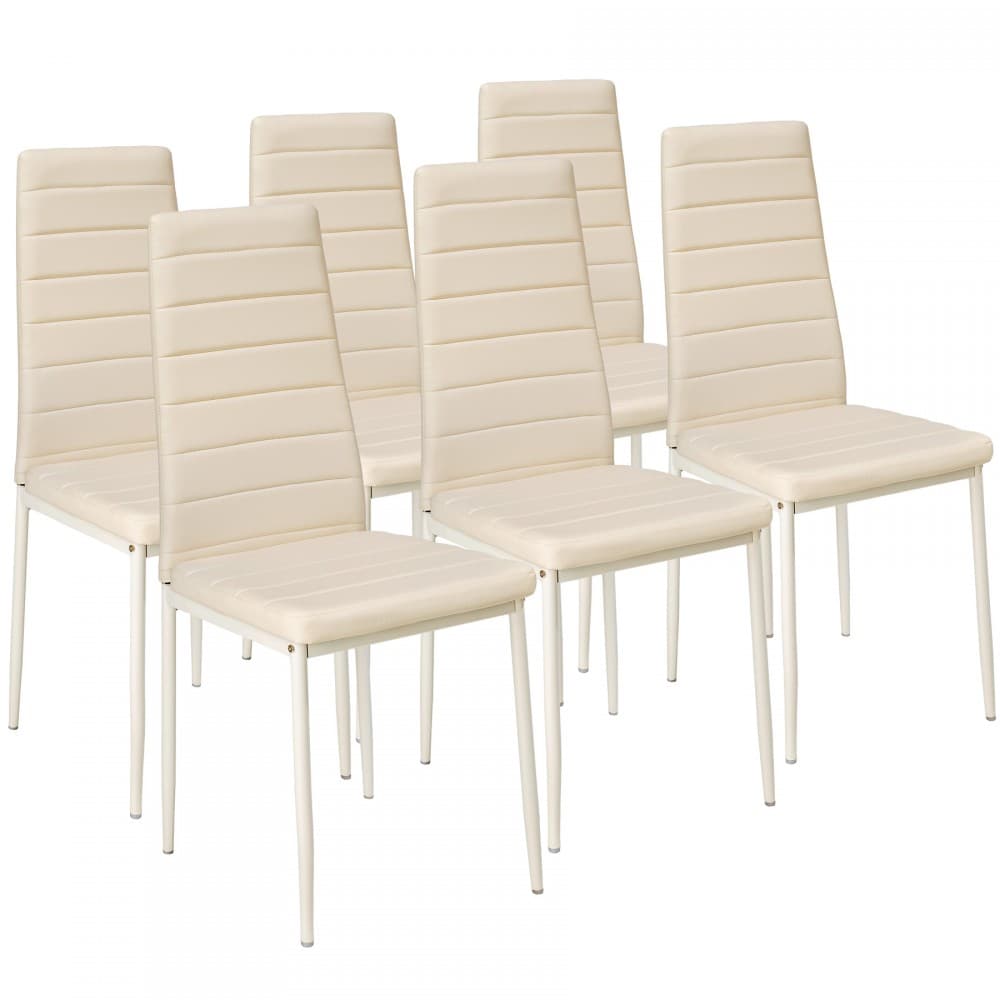 Set of six dining chairs featuring cream synthetic leather upholstery with vertical stitching, supported by sleek white metal legs.