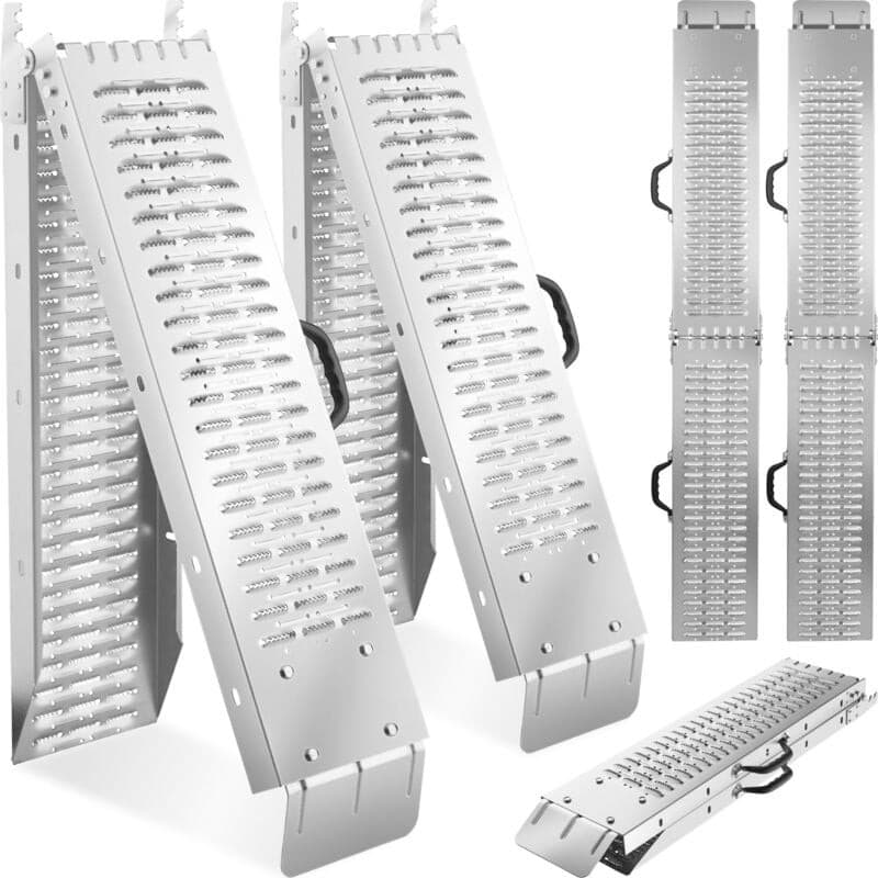 Two silver folding ramps with a 400kg capacity, featuring a textured surface for grip, sturdy handles, and a compact design for easy storage.